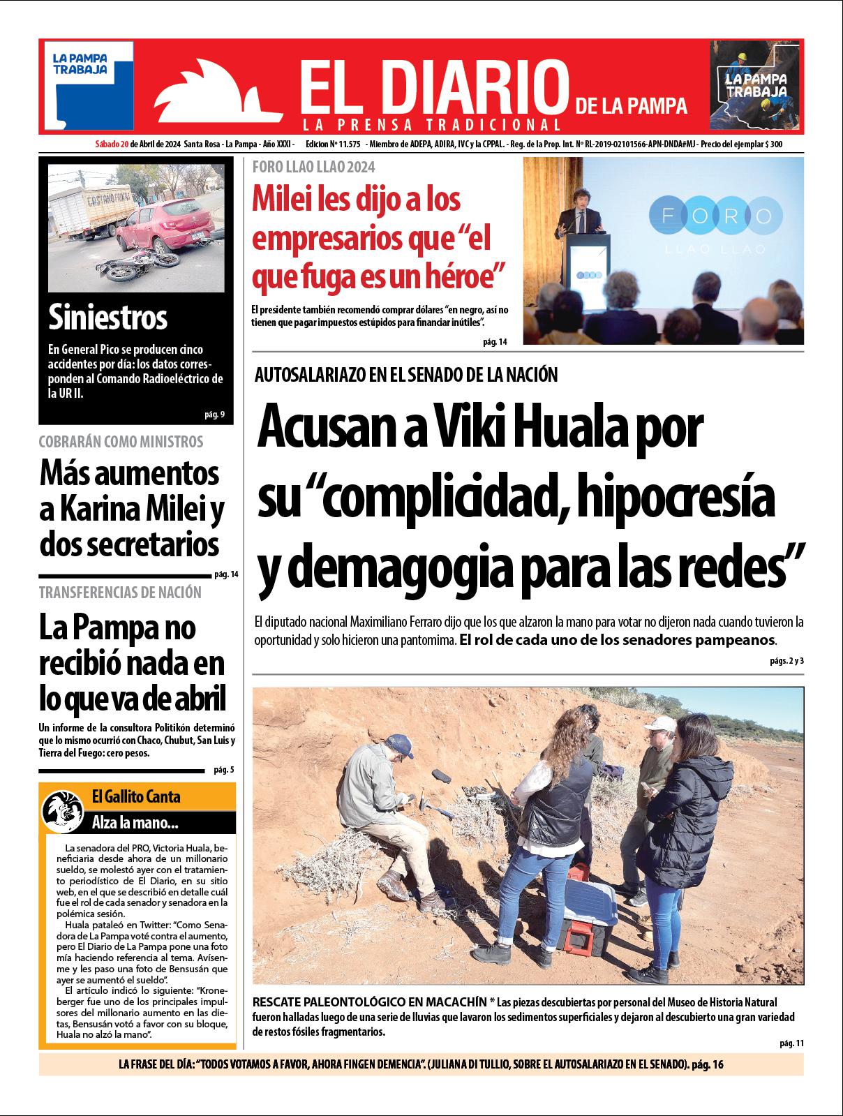 Tapa de El Diario en papel  saacutebado 20 de abril de 2024